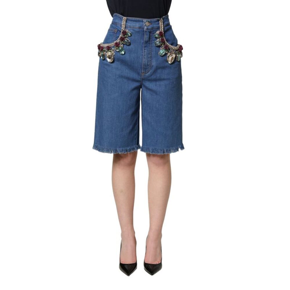 Dolce & Gabbana Blue Cotton Embellished BermudaDenim Women's Shorts